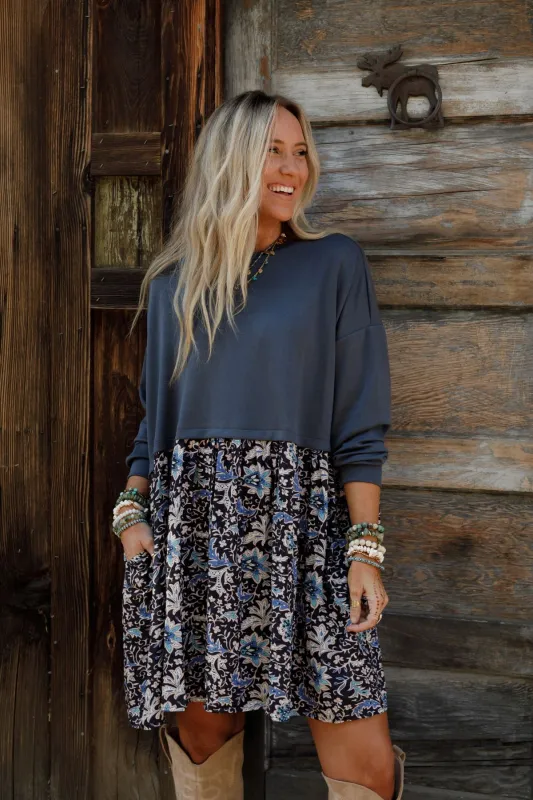 Cozy Blooms Contrast Dress - Navy Multi sold by Three Bird Nest