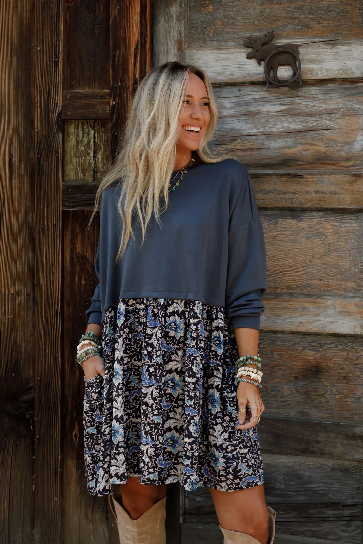 Cozy Blooms Contrast Dress - Navy Multi sold by Three Bird Nest