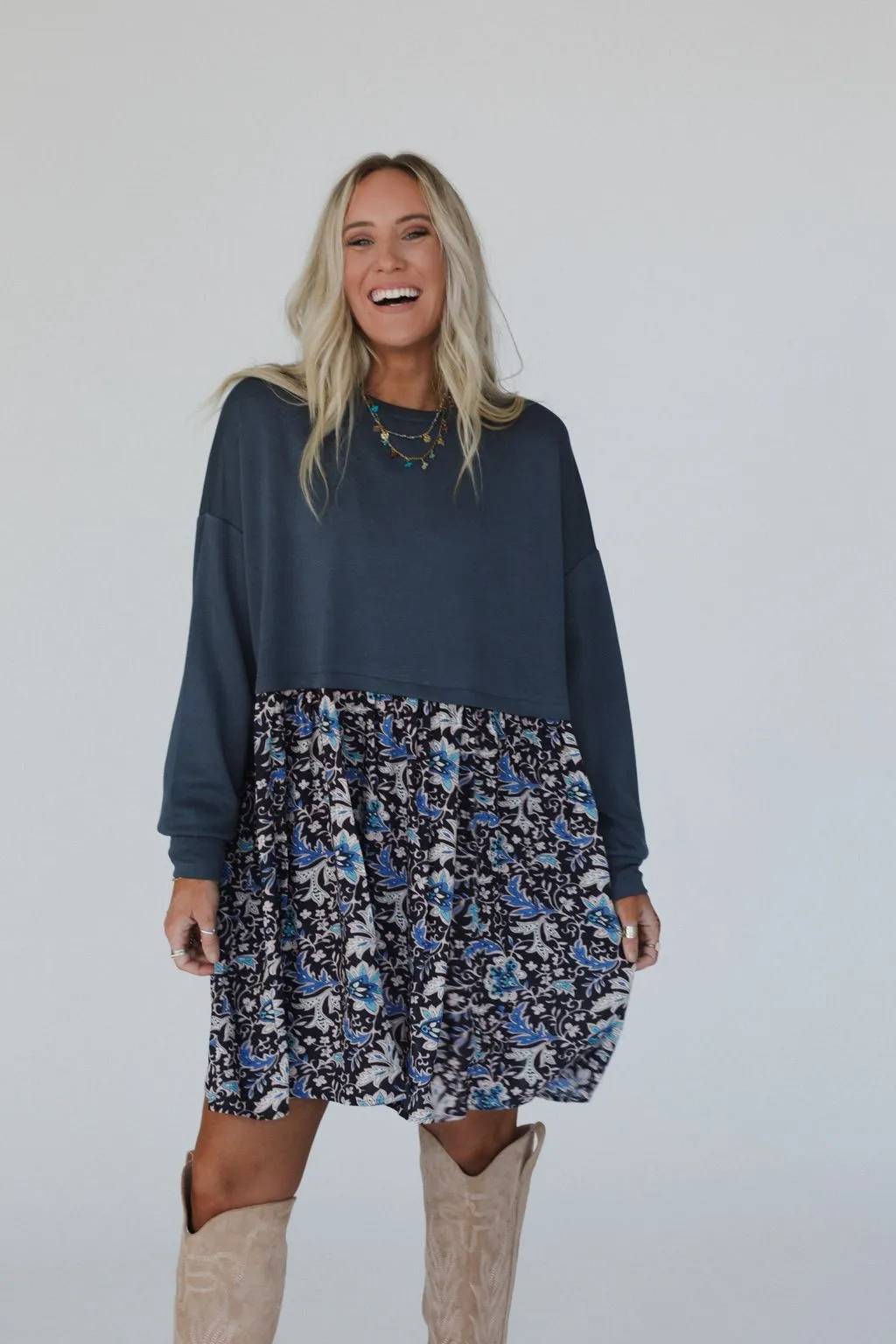 Cozy Blooms Contrast Dress - Navy Multi sold by Three Bird Nest product image thumbnail 5