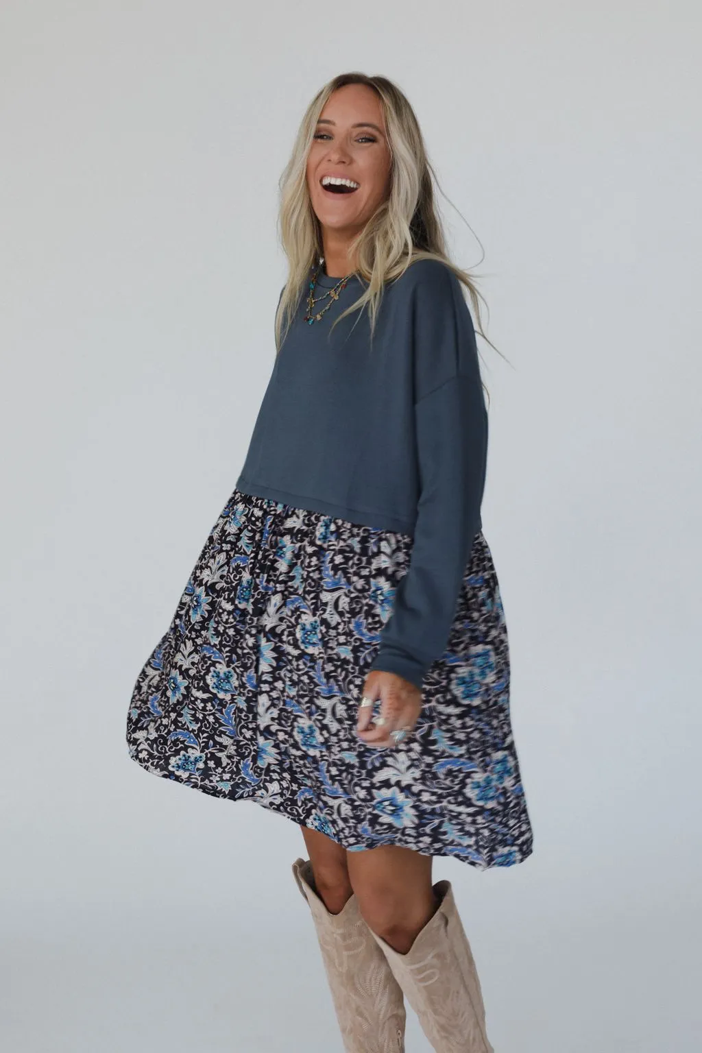 Cozy Blooms Contrast Dress - Navy Multi sold by Three Bird Nest product image thumbnail 3
