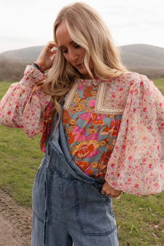 Flower Frenzy Bubble Sleeve Top - Sage Multi sold by Three Bird Nest