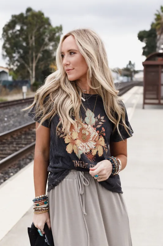 Floral Vintage Spirit Graphic Tee - Charcoal sold by Three Bird Nest