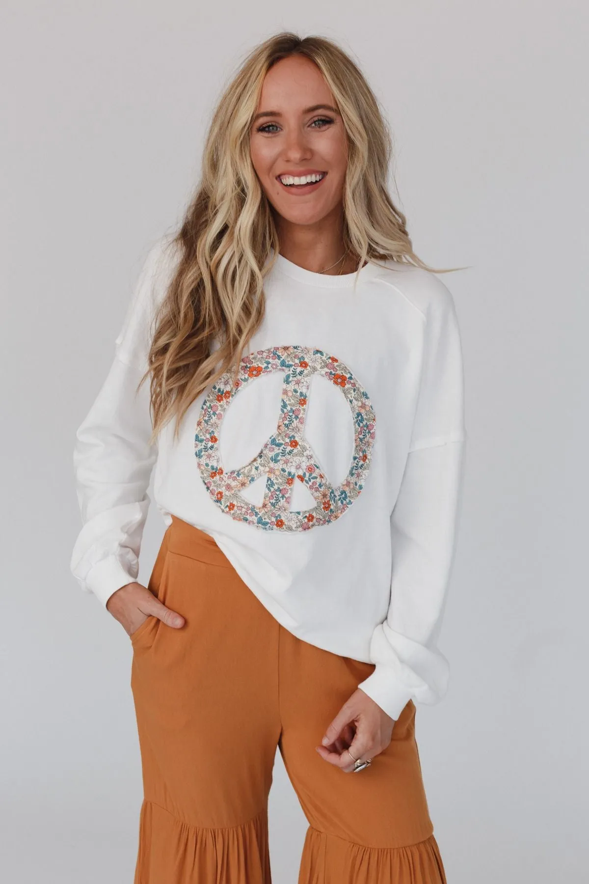 Jenny Floral Peace Sign Pullover Top - Off White sold by Three Bird Nest