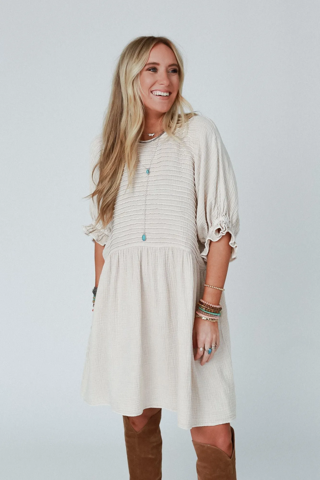 Quinn Puff Sleeve Mini Dress - Natural sold by Three Bird Nest product image thumbnail 3