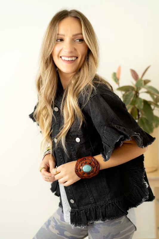 Scottie Ruffle Denim Jacket - Black sold by Three Bird Nest
