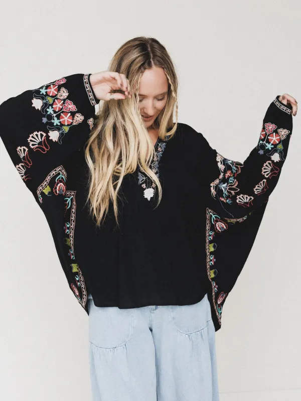Frida Embroidered Dolman Sleeve Top - Black sold by Three Bird Nest