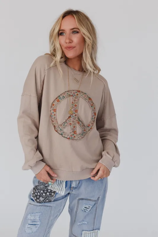Jenny Floral Peace Sign Pullover Top - Mocha made by easel
