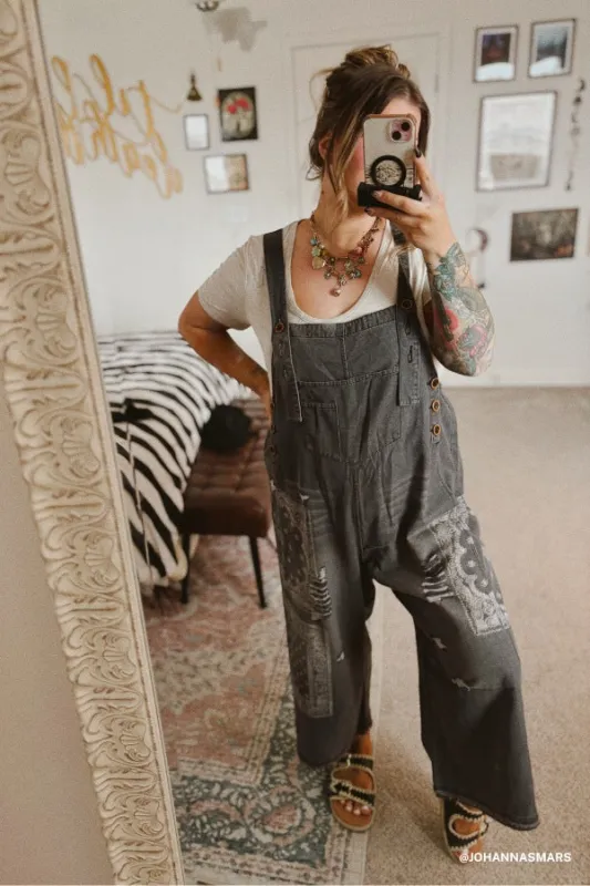 High Hopes Slouchy Denim Overalls - Black Bandana sold by Three Bird Nest
