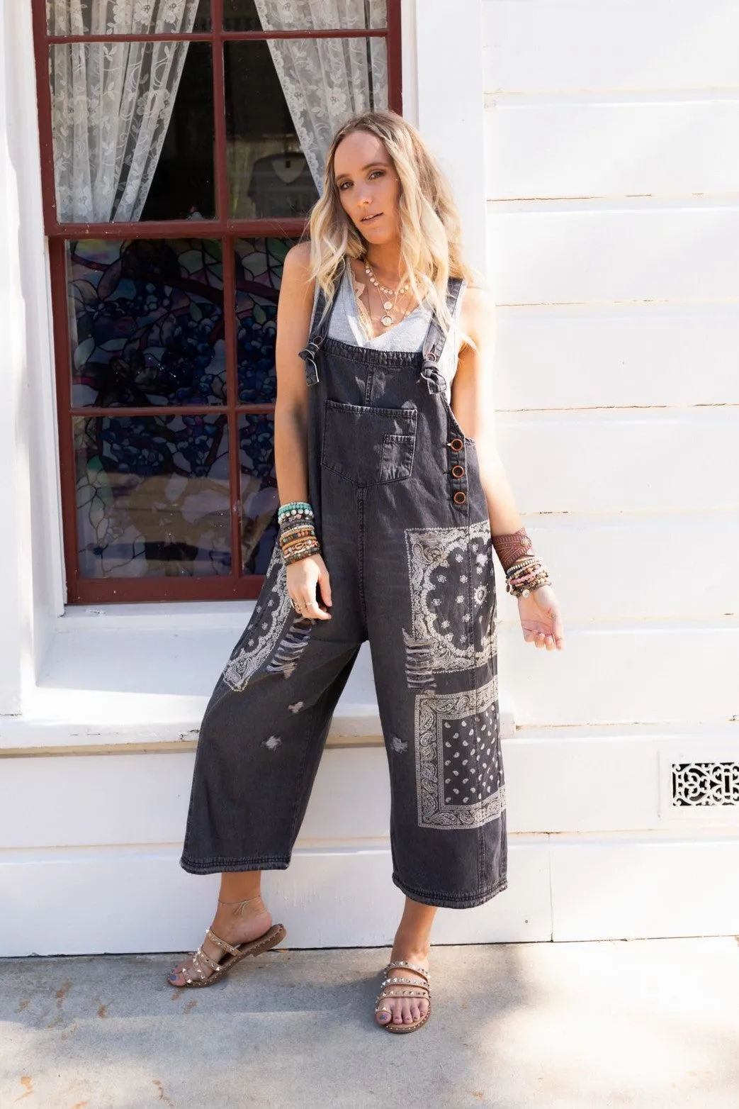 High Hopes Slouchy Denim Overalls - Black Bandana sold by Three Bird Nest product image thumbnail 4