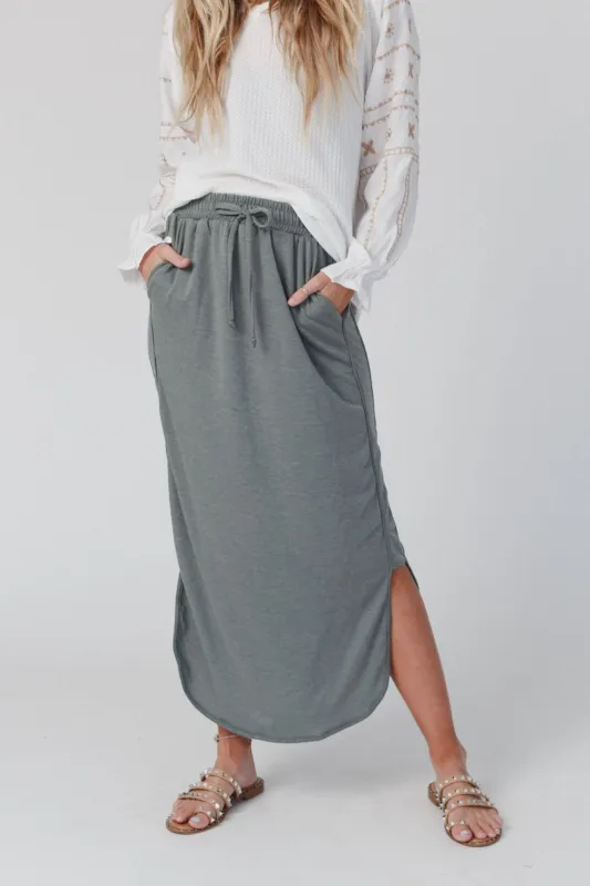 The Nest So Comfy Drawstring Maxi Skirt - Light Olive sold by Three Bird Nest