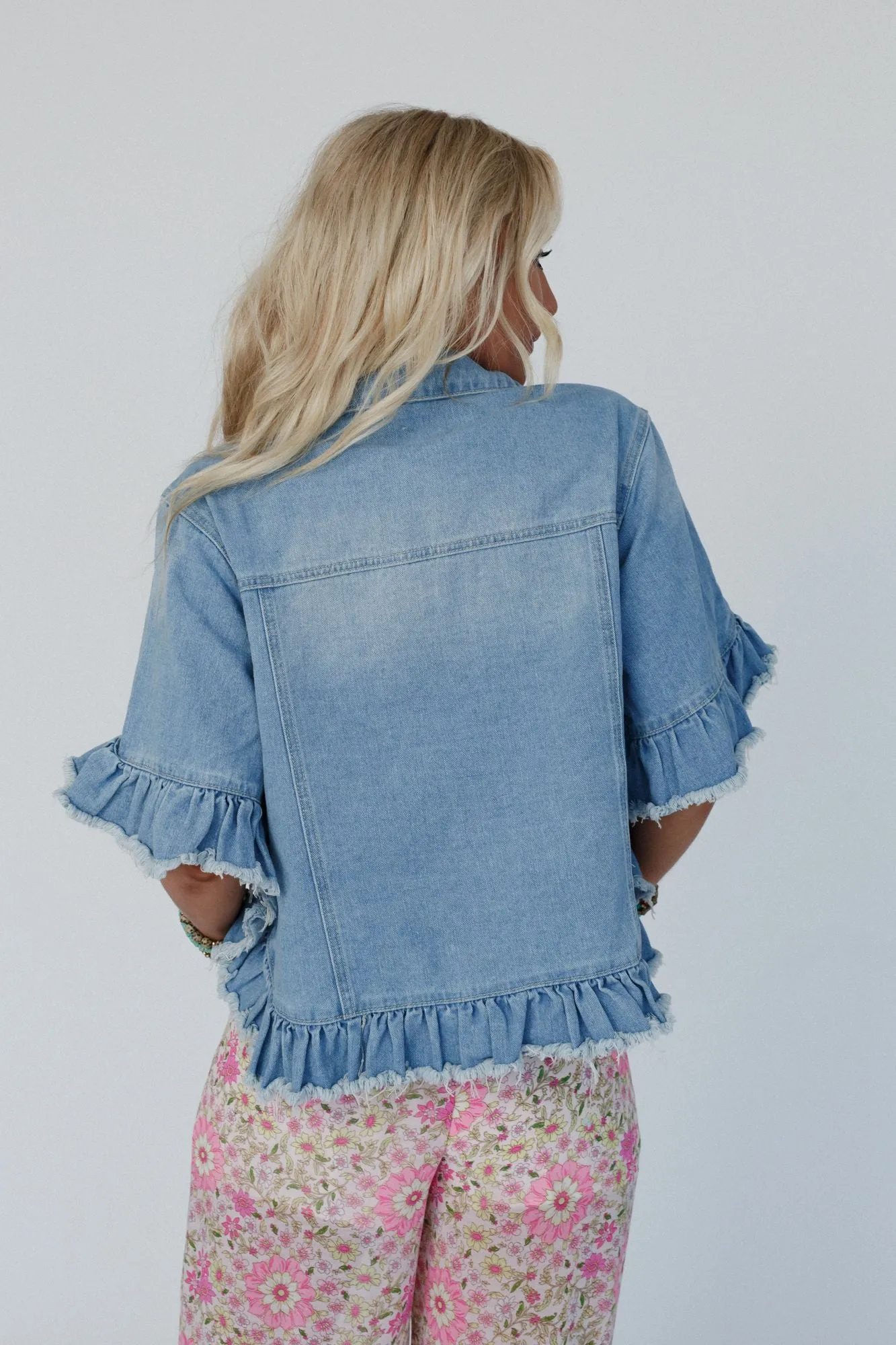 Scottie Ruffle Denim Jacket - Light Denim sold by Three Bird Nest product image thumbnail 3