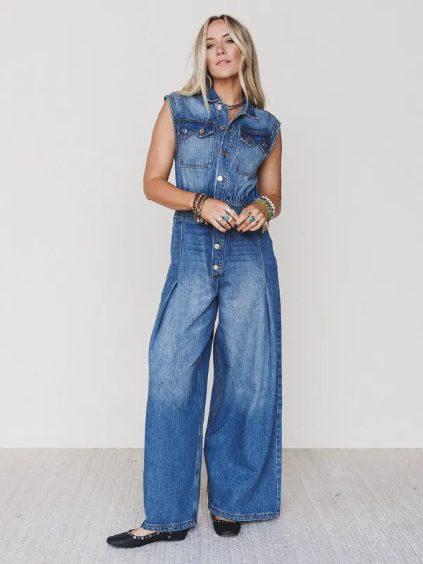 All Star Denim Jumpsuit - Medium Wash sold by Three Bird Nest