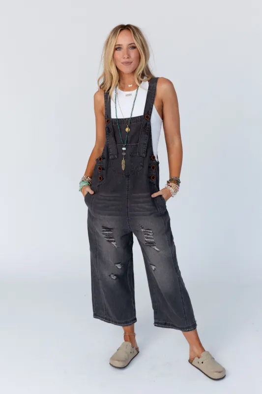 High Hopes Slouchy Pocket Denim Overalls - Black Pockets sold by Three Bird Nest