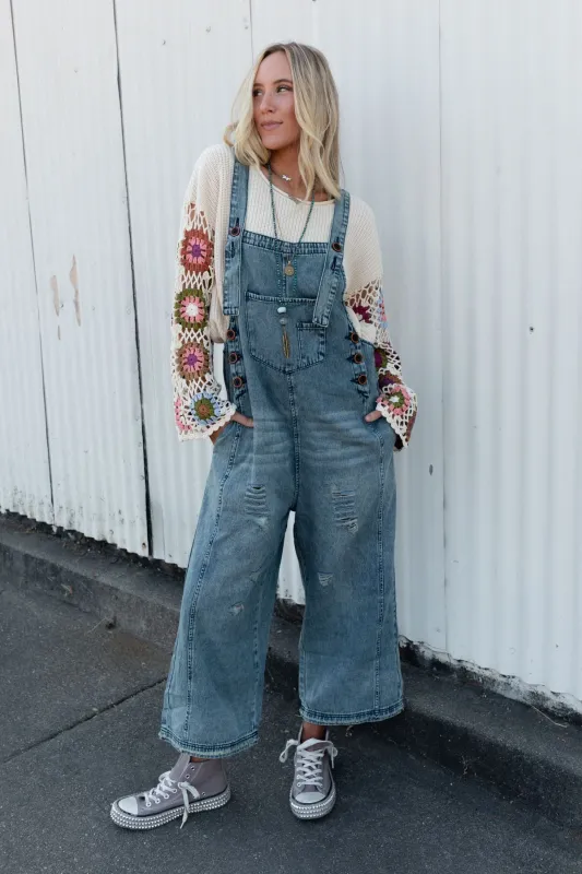 High Hopes Slouchy Pocket Denim Overalls - Blue Pockets sold by Three Bird Nest