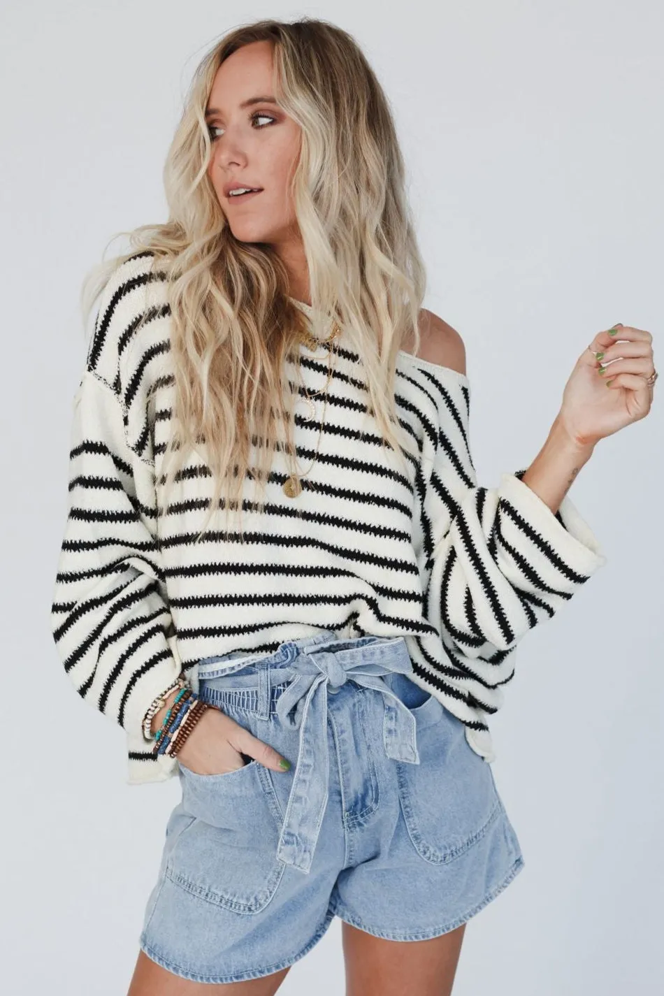 All My Stripes Oversized Sweater - Cream Black sold by Three Bird Nest