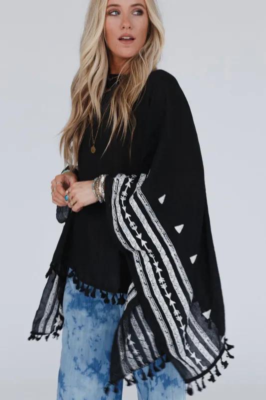 Fallon Embroidered Sleeve Tassel Poncho - Black sold by Three Bird Nest