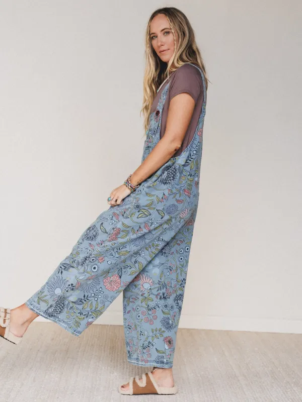 High Hopes Slouchy Denim Overalls - Floral Blue Denim sold by Three Bird Nest