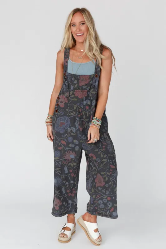 High Hopes Slouchy Denim Overalls - Floral Black Denim sold by Three Bird Nest