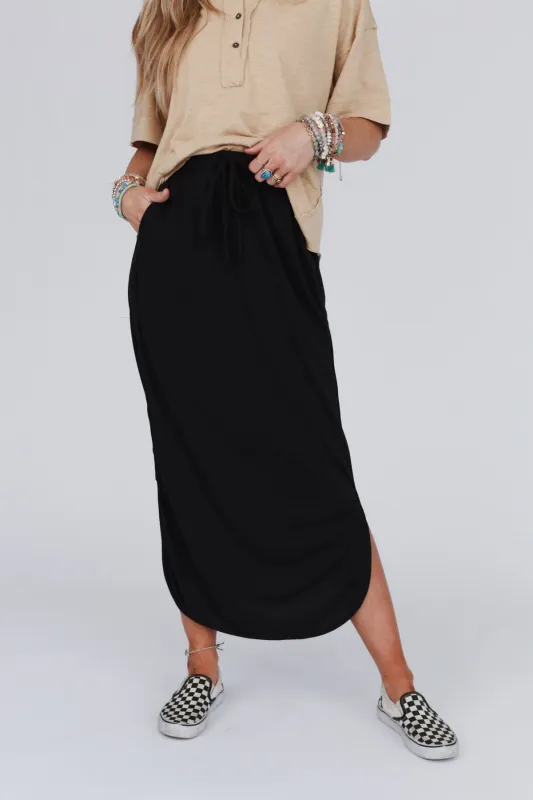 The Nest So Comfy Drawstring Maxi Skirt - Black sold by Three Bird Nest
