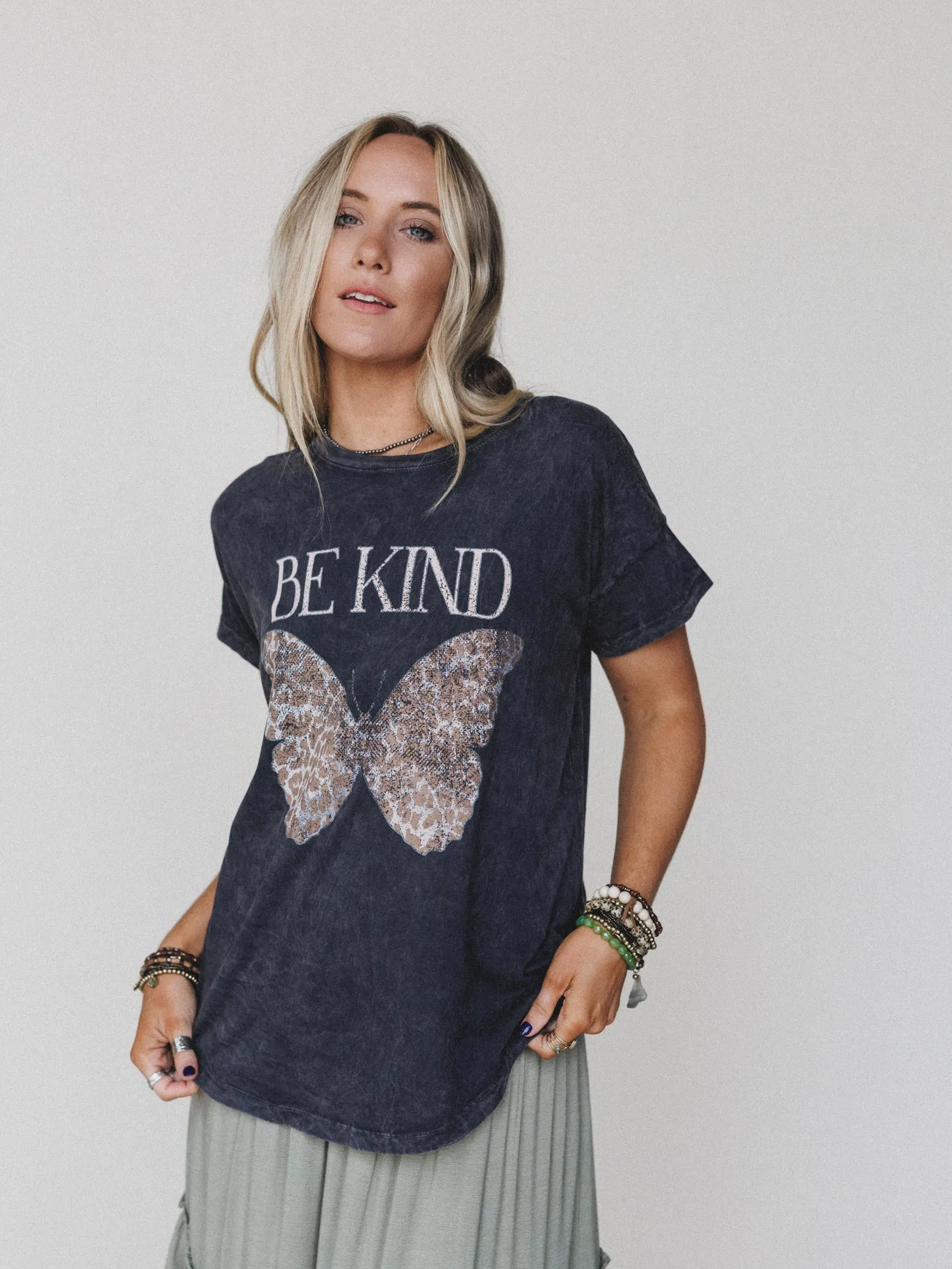 Be Kind Mineral Washed Graphic Tee - Charcoal sold by Three Bird Nest product image thumbnail 4