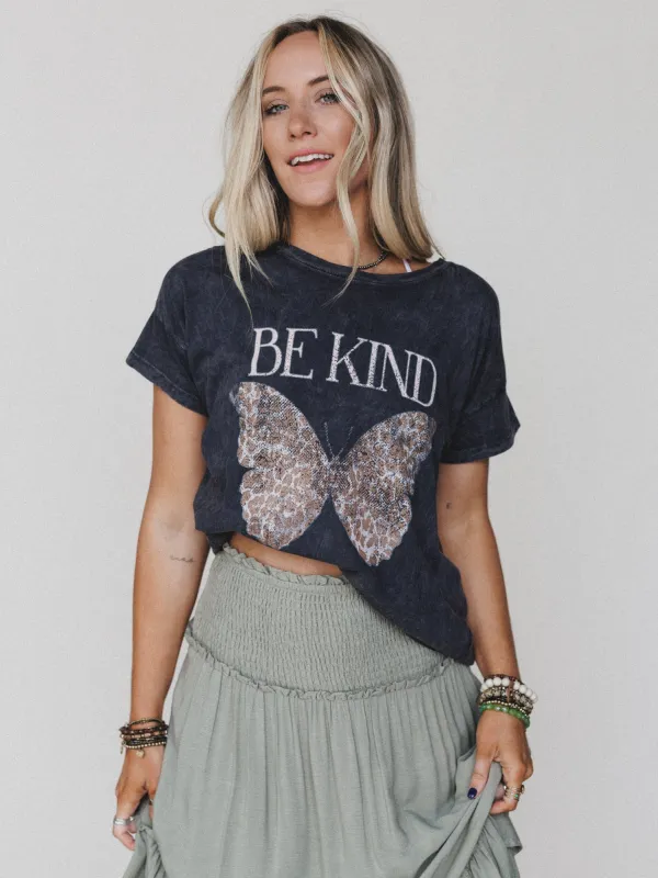 Be Kind Mineral Washed Graphic Tee - Charcoal sold by Three Bird Nest