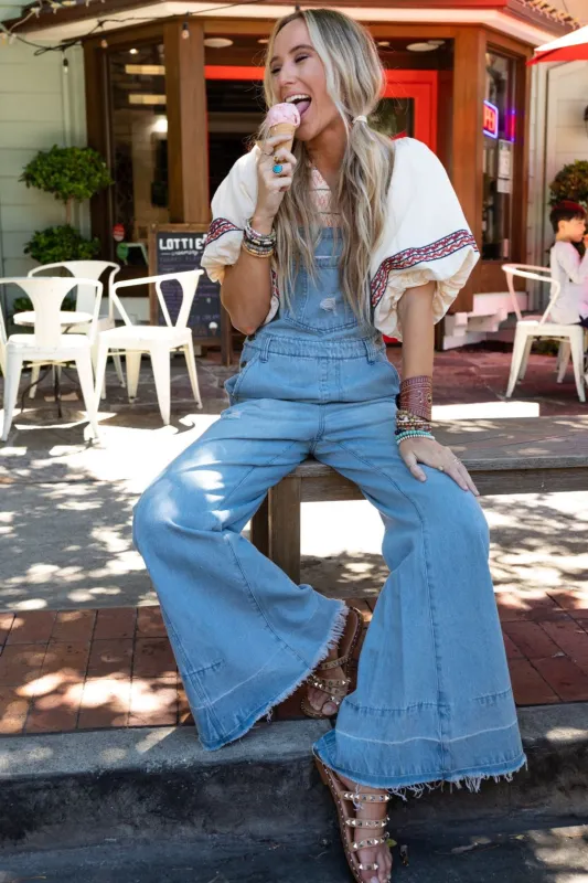 Milly Distressed Hem Wide Leg Overall - Denim sold by Three Bird Nest
