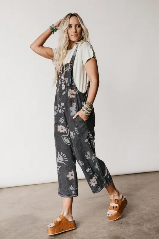High Hopes Slouchy Pocket Denim Overalls - Black Artsy Floral sold by Three Bird Nest