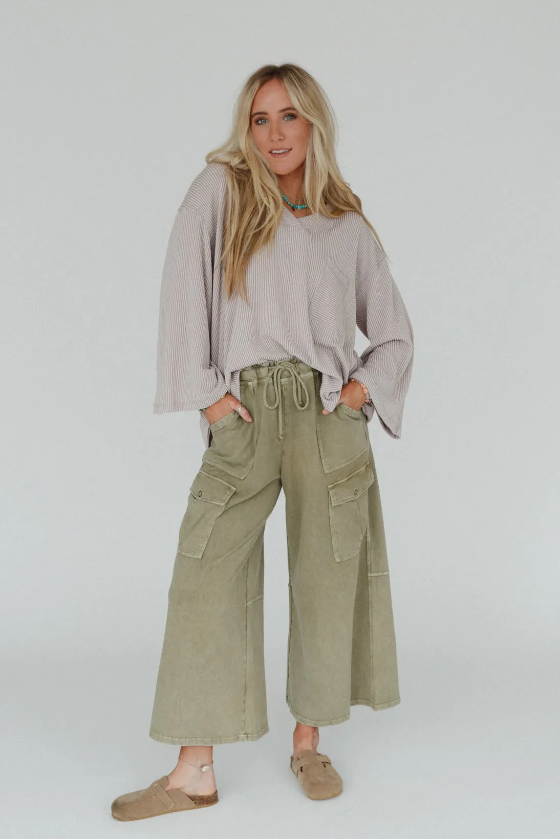 The Nest Cargo Cascade Wide Leg Pants - Olive sold by Three Bird Nest product image thumbnail 3