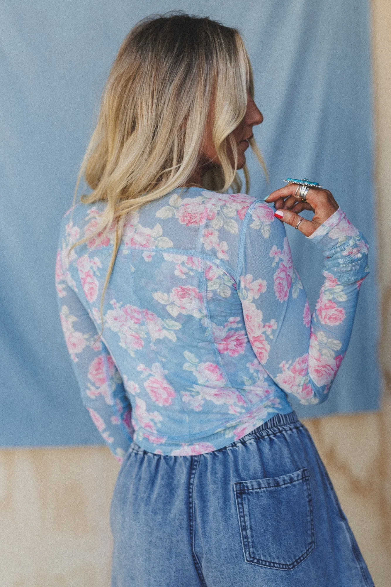 Heidi Floral Mesh Top - Blue sold by Three Bird Nest product image thumbnail 4