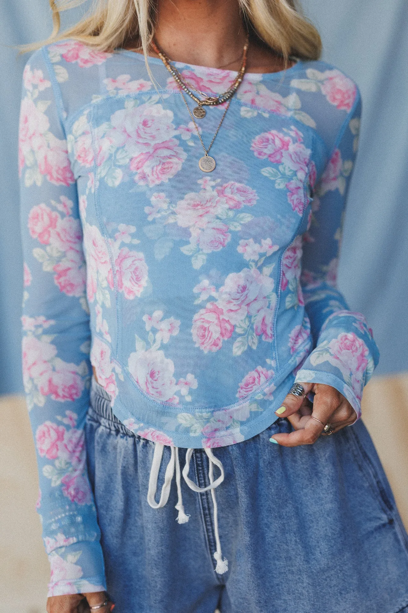 Heidi Floral Mesh Top - Blue sold by Three Bird Nest product image thumbnail 2