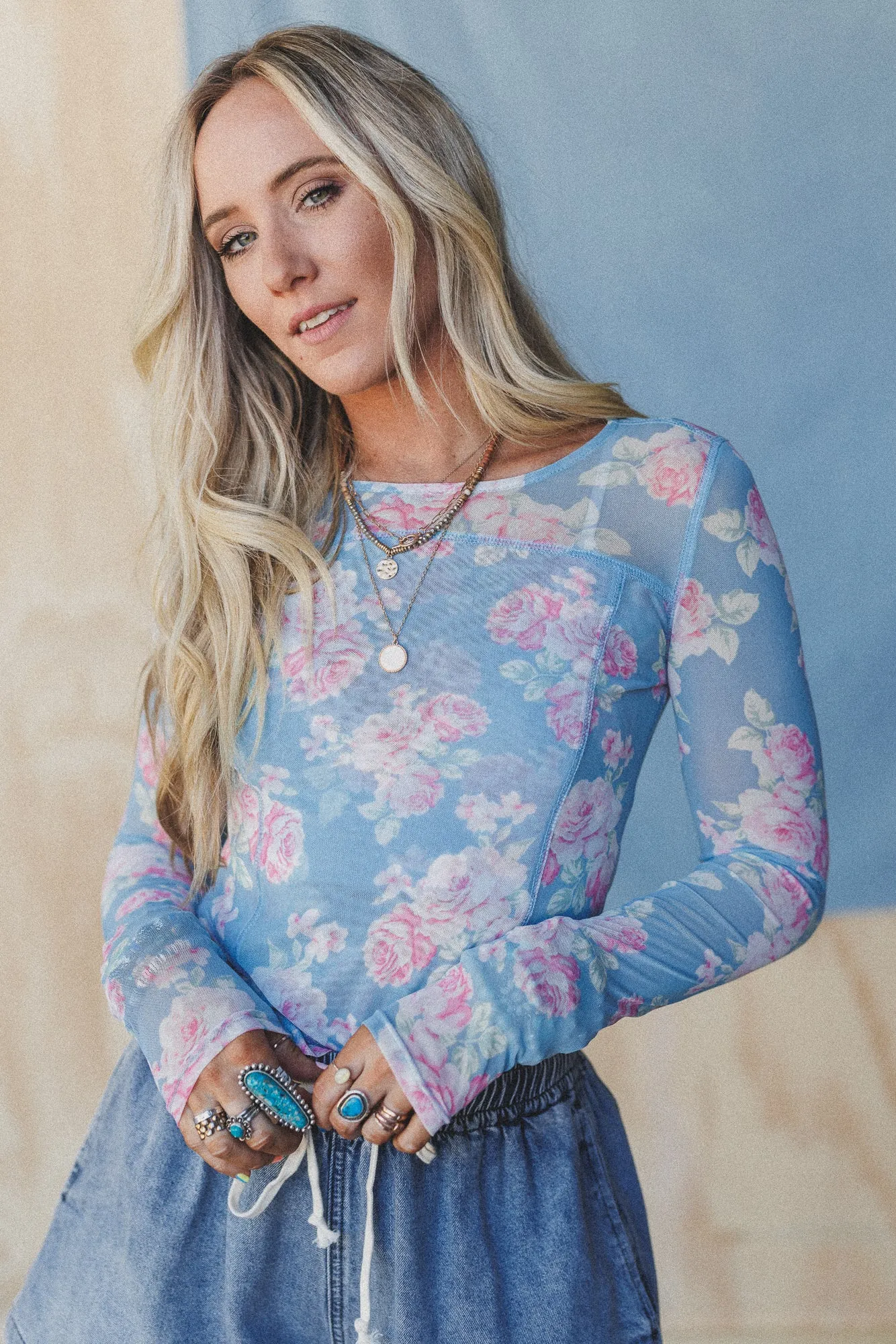 Heidi Floral Mesh Top - Blue sold by Three Bird Nest