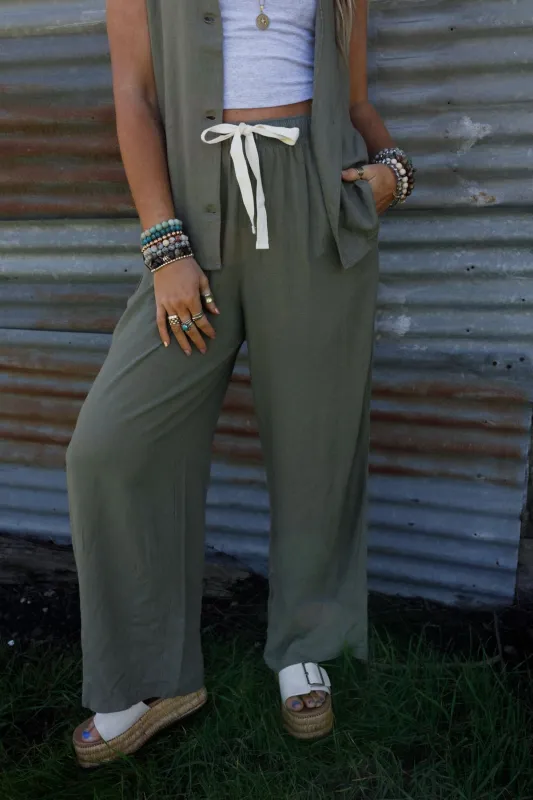 Coastal Ease Drawstring Pants - Olive made by Zenana
