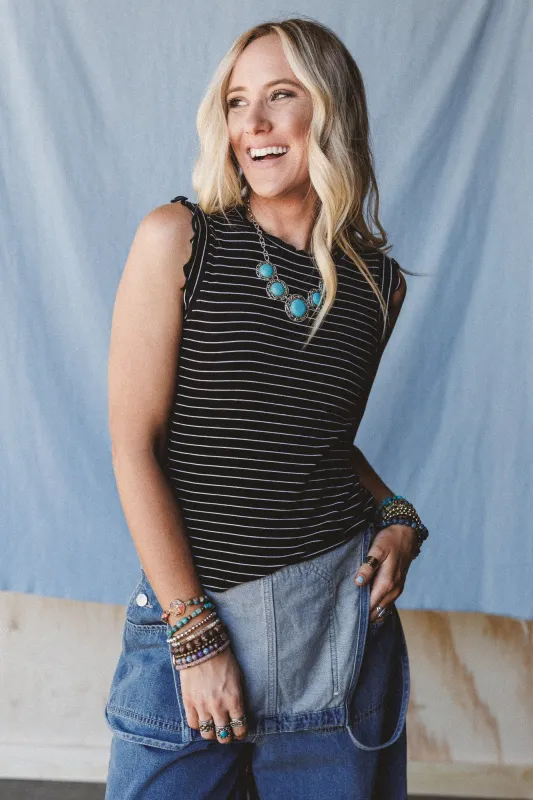 Abbie Striped Ruffle Top - Black made by Zenana