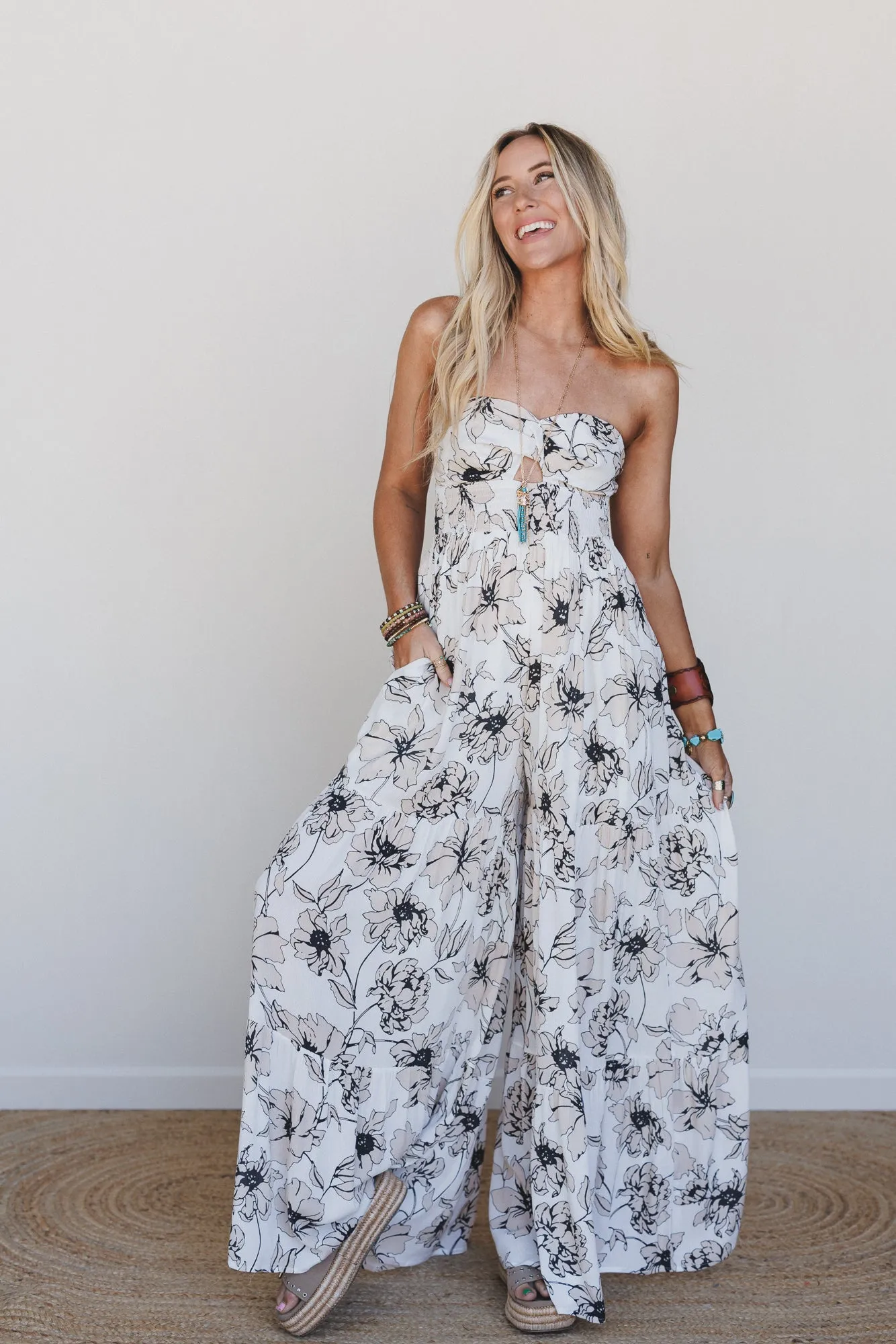 Eternal Bloom Tiered Wide Leg Jumpsuit - Beige Multi sold by Three Bird Nest
