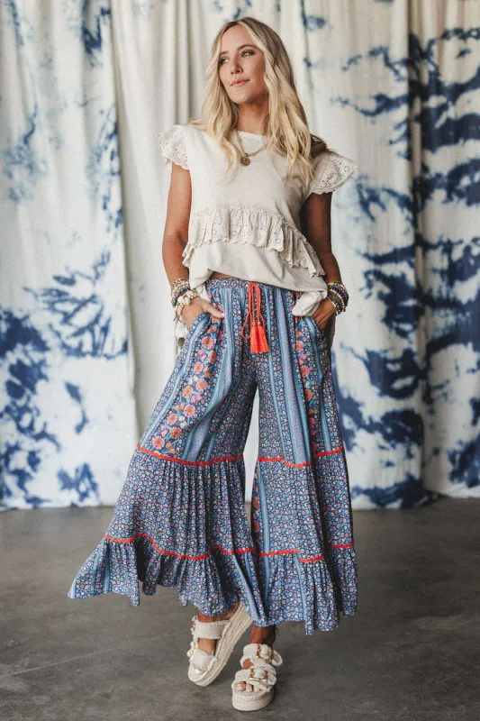 Kate Printed Wide Leg Pants - Blue sold by Three Bird Nest