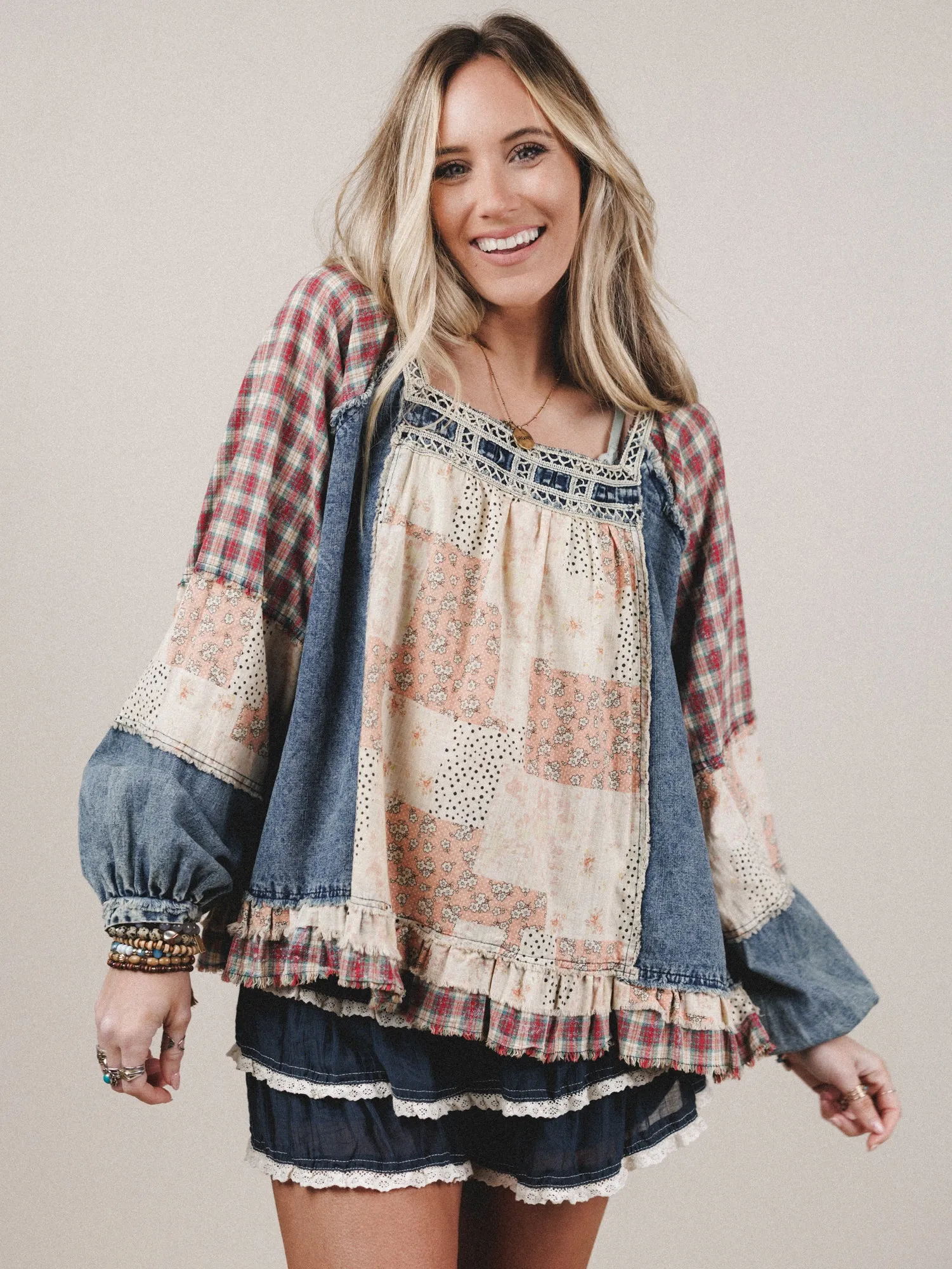 Patchwork Parade Top - Denim sold by Three Bird Nest product image thumbnail 2