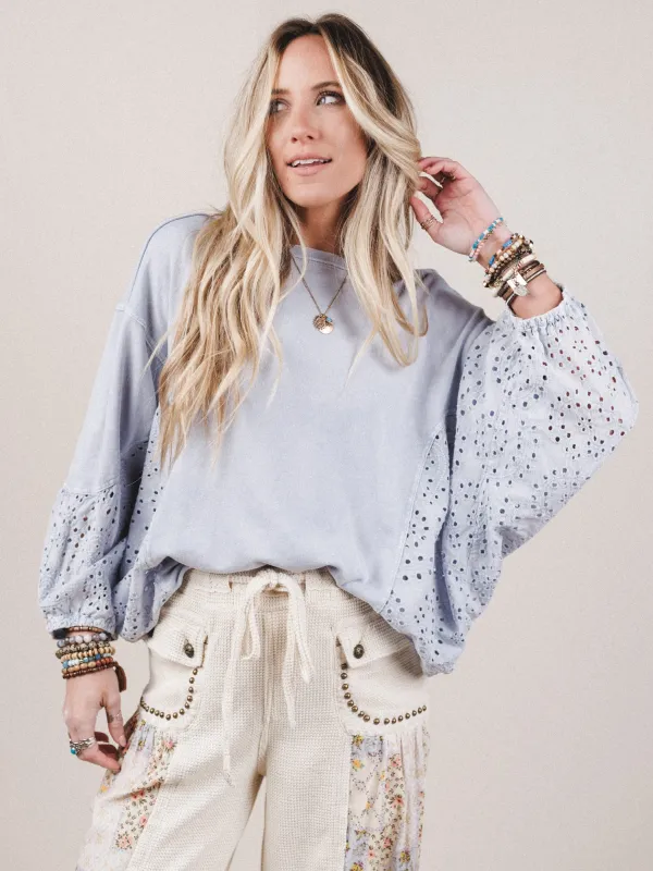 On Point Eyelet Knit Top - Blue made by easel