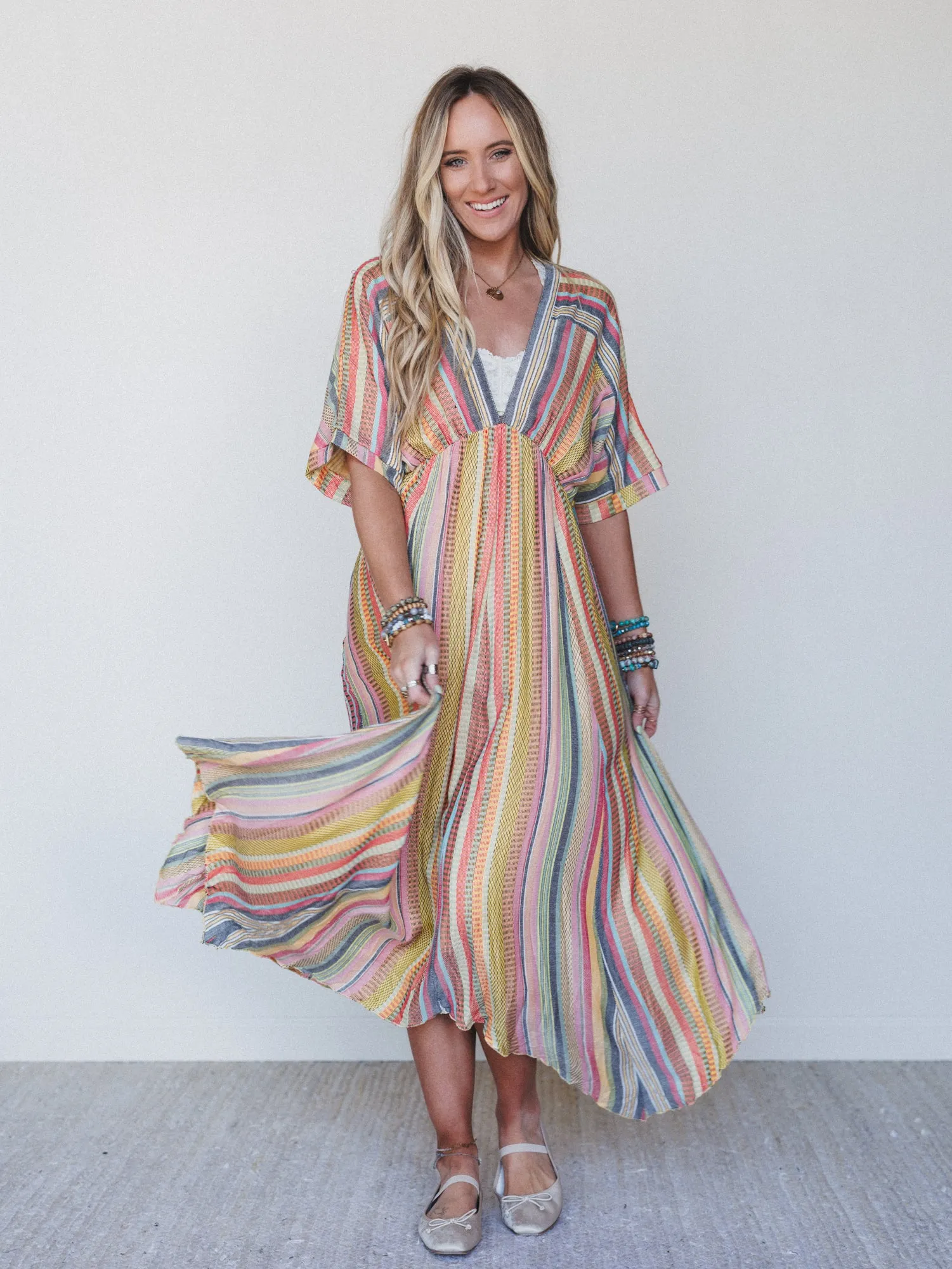 Island Tan V Neck Maxi Dress - Yellow Multi sold by Three Bird Nest