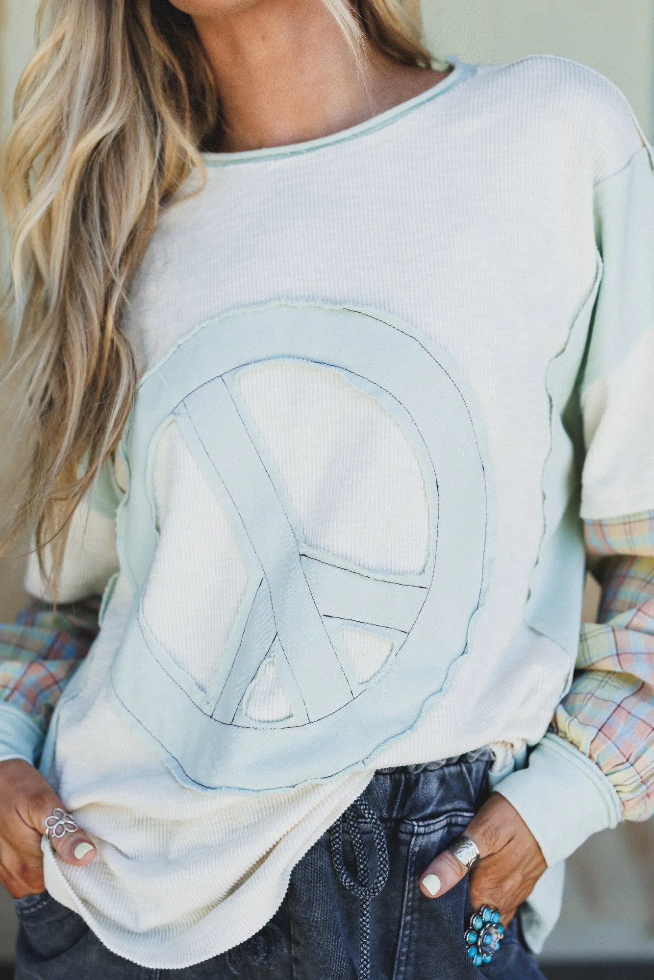 Patch Your Soul Peace Top - Oatmeal sold by Three Bird Nest