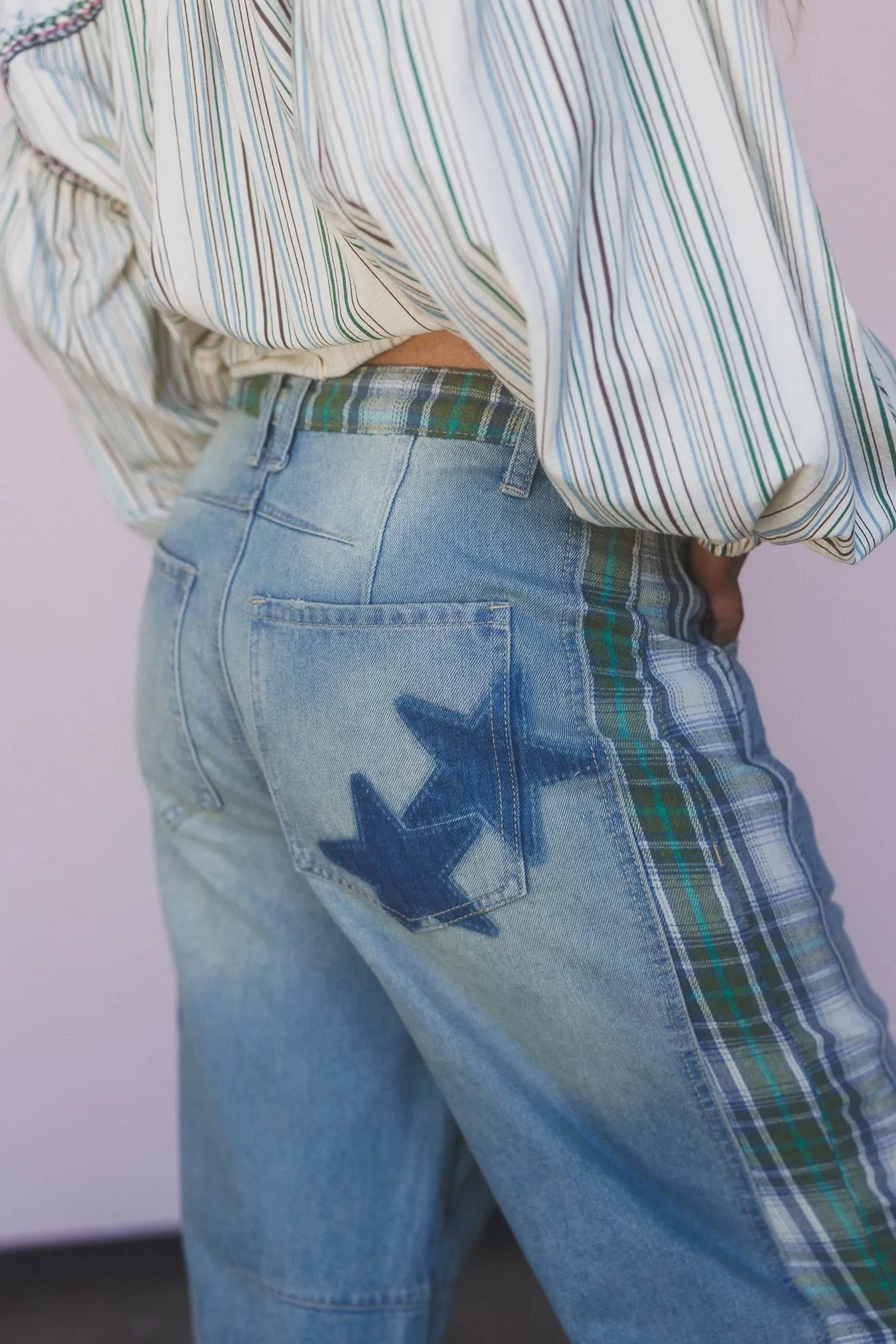 Galaxy Plaid Mix Barrel Jeans - Washed Denim sold by Three Bird Nest product image thumbnail 2