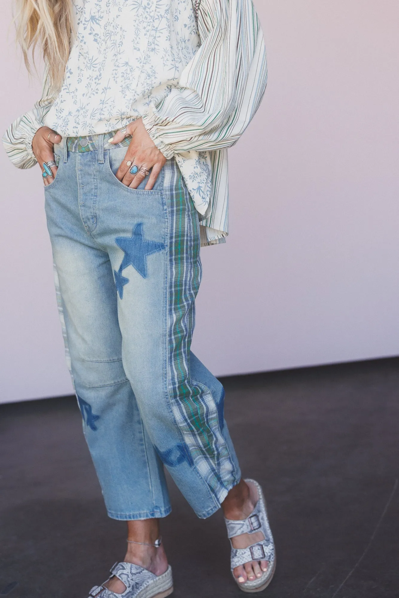 Galaxy Plaid Mix Barrel Jeans - Washed Denim sold by Three Bird Nest