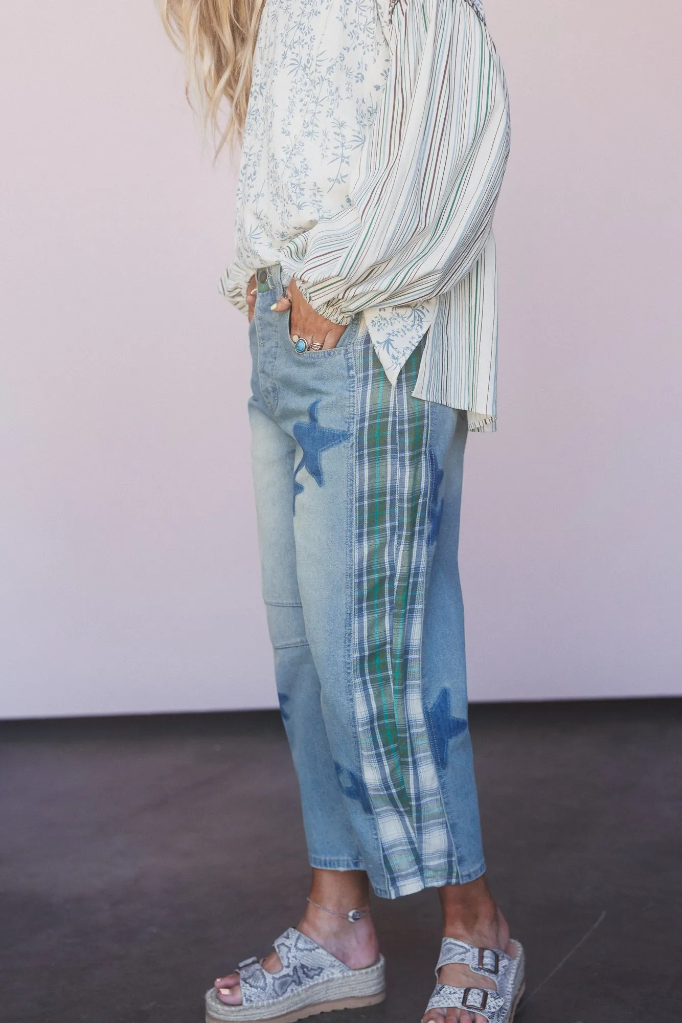 Galaxy Plaid Mix Barrel Jeans - Washed Denim sold by Three Bird Nest product image thumbnail 5