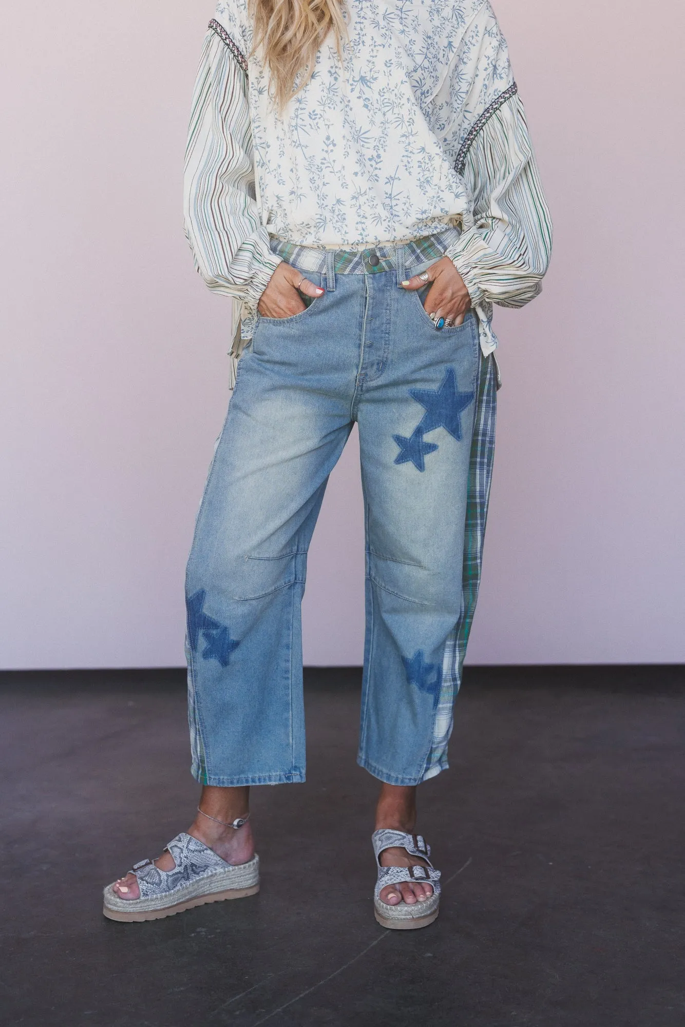 Galaxy Plaid Mix Barrel Jeans - Washed Denim sold by Three Bird Nest product image thumbnail 3