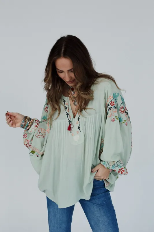 Frida Embroidered Dolman Sleeve Top - Mint sold by Three Bird Nest