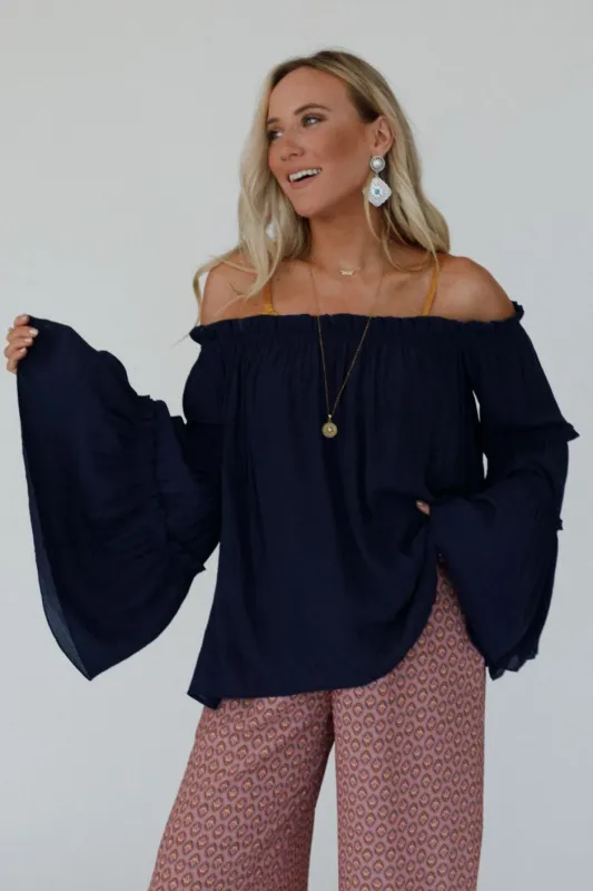 Petal Dancer Bell Sleeve Top - Navy sold by Three Bird Nest