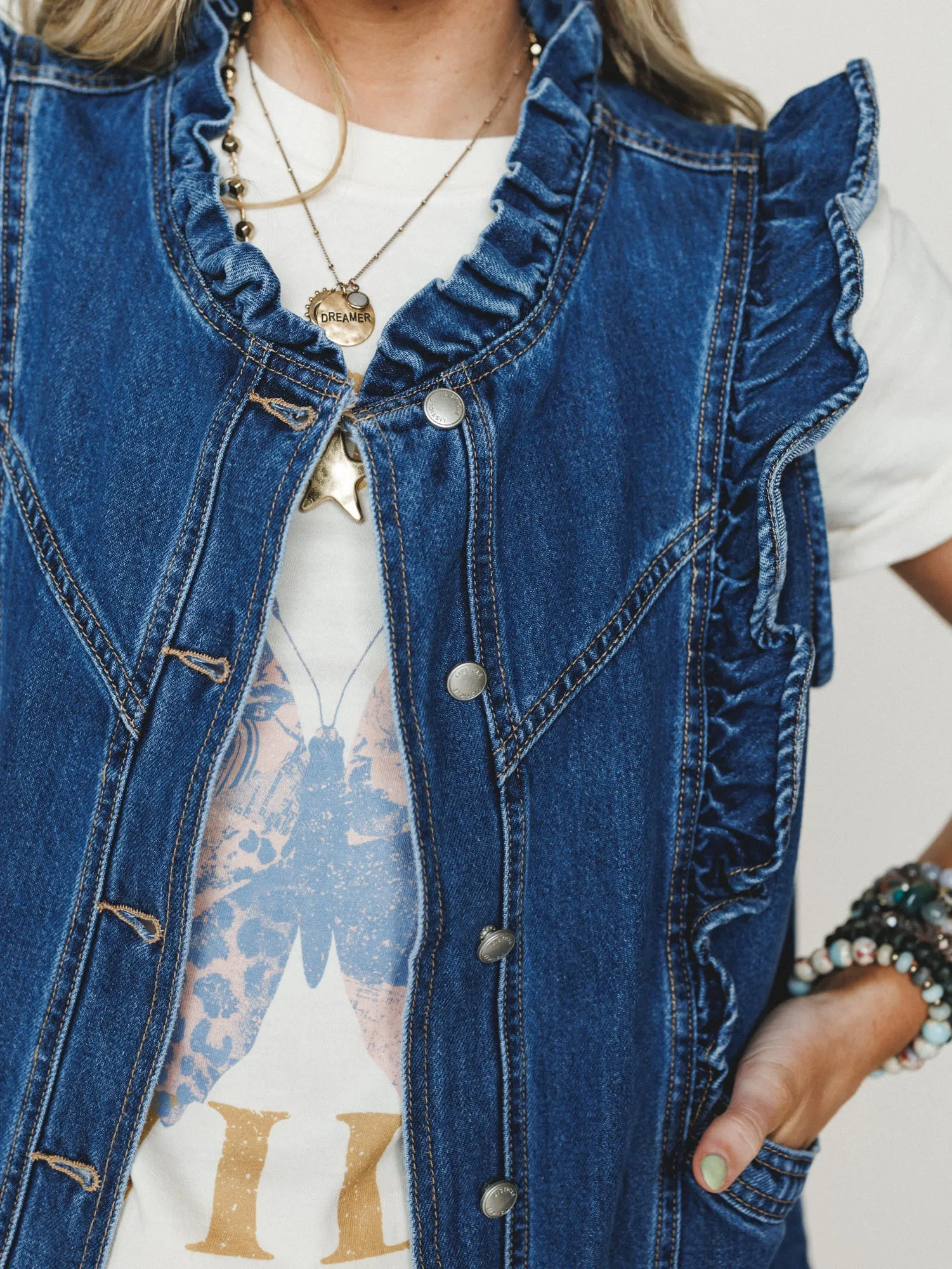 Ruffle Rebel Denim Vest - Denim sold by Three Bird Nest product image thumbnail 4