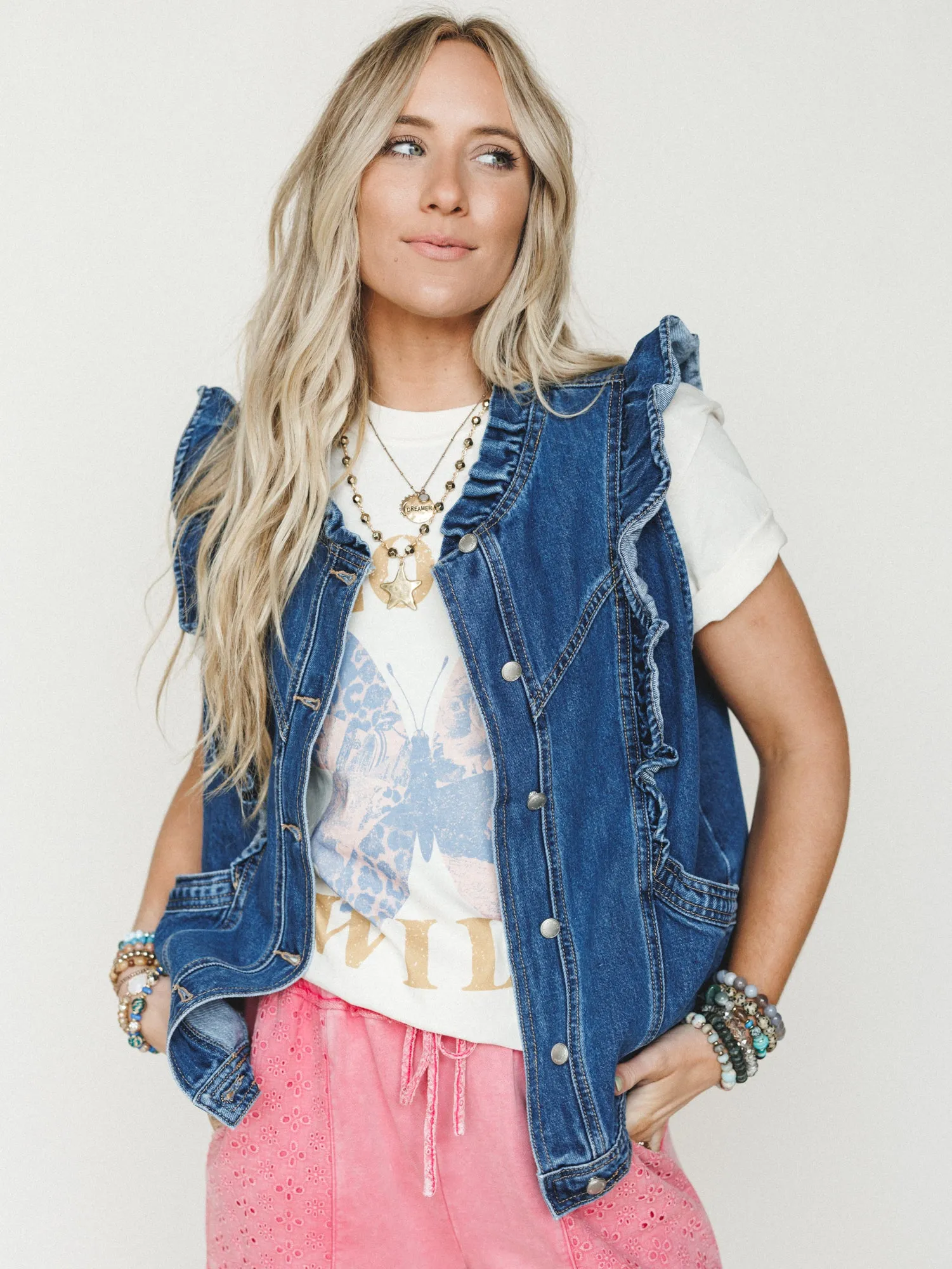 Ruffle Rebel Denim Vest - Denim sold by Three Bird Nest