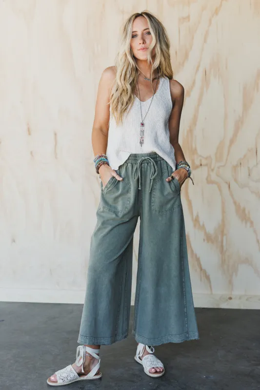Relaxing Robin Front Pocket Wide Leg Pants - Olive sold by Three Bird Nest