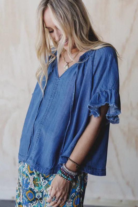 Hearts Aligned Ruffled Sleeve Top - Dark Denim sold by Three Bird Nest
