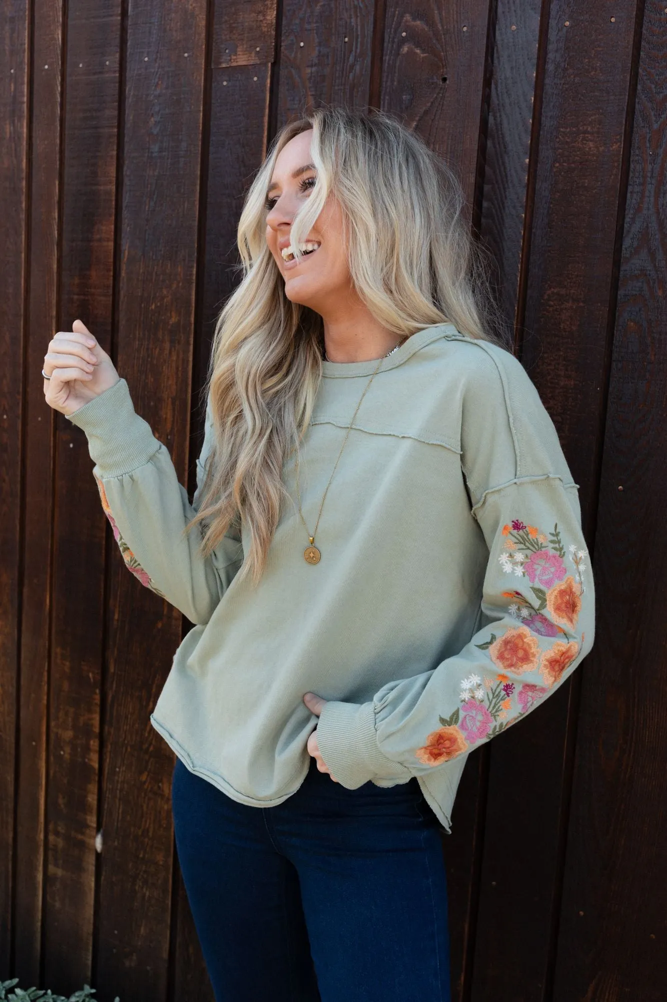 Doriane Embroidered Top - Sage sold by Three Bird Nest